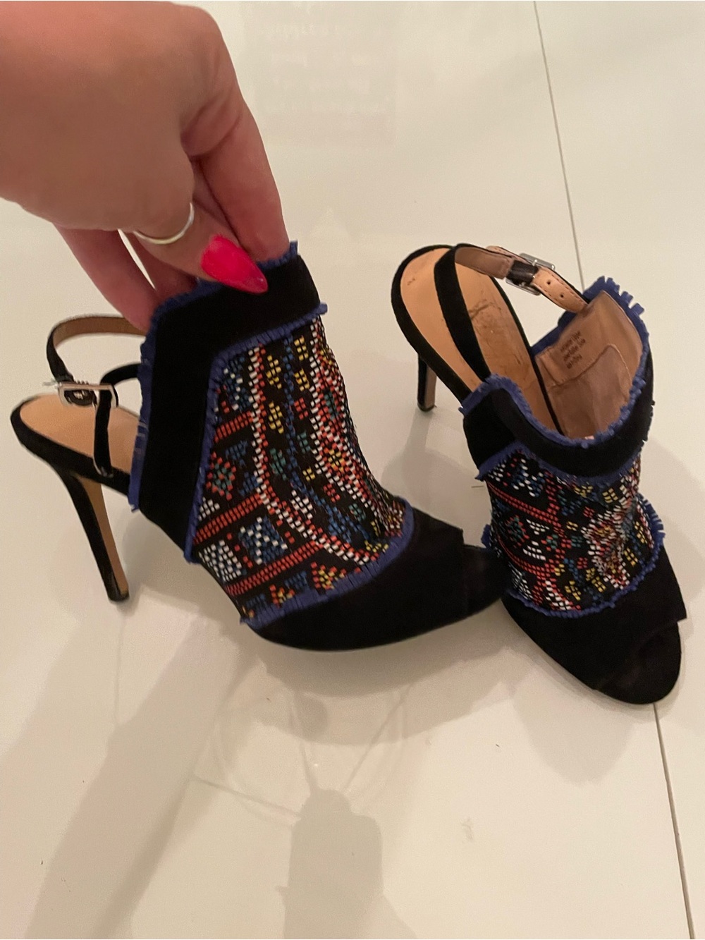 L'AGENCE Navy Multicolor Beaded Open-Toe Slingback Heels